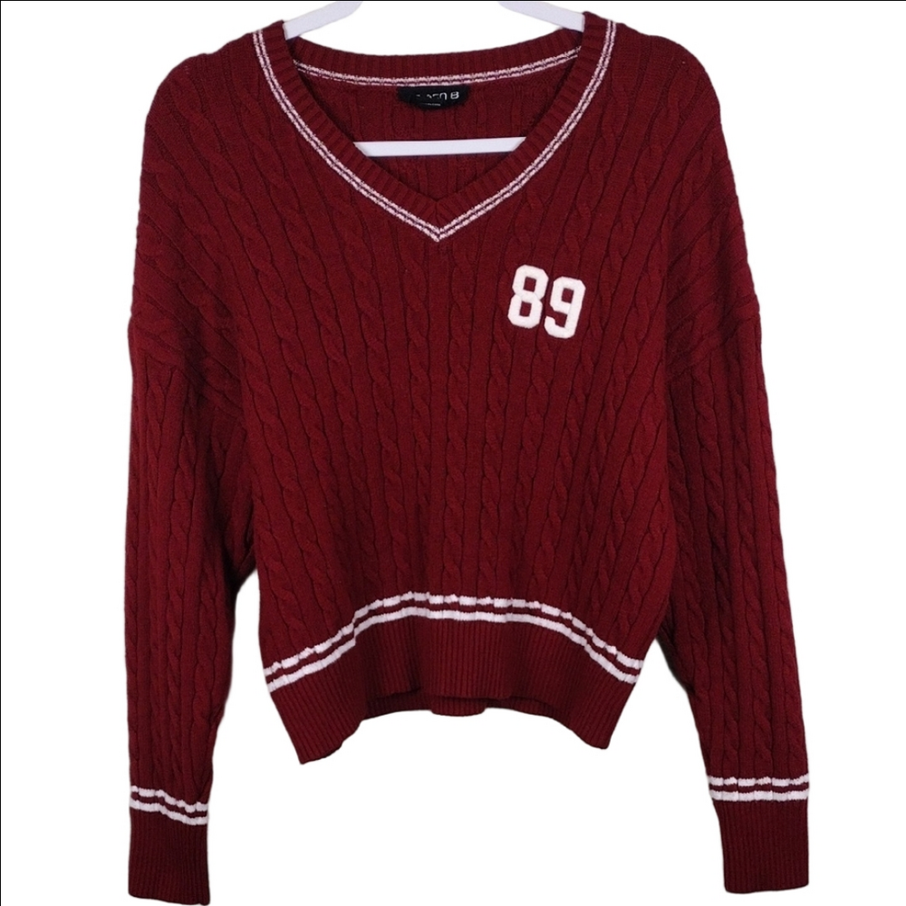 Arden B Red Stripe Cable Knit V-Neck Long Sleeve Pullover Cropped Sweater Top